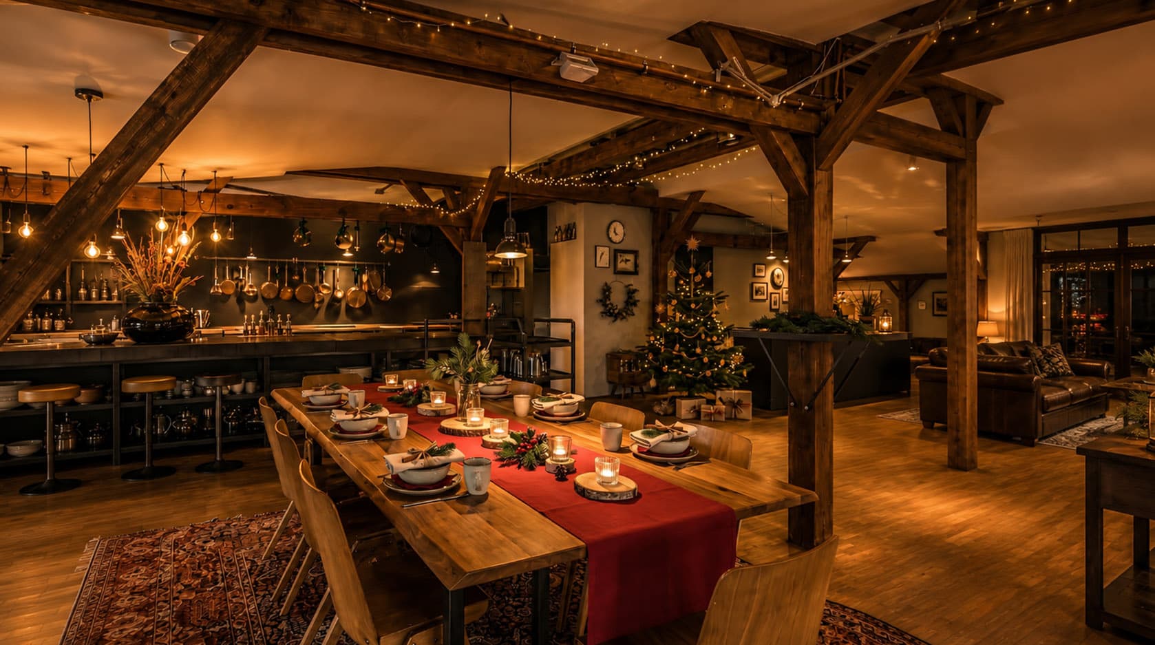 Festively decorated loft with a Christmas tree, a set table and fairy lights