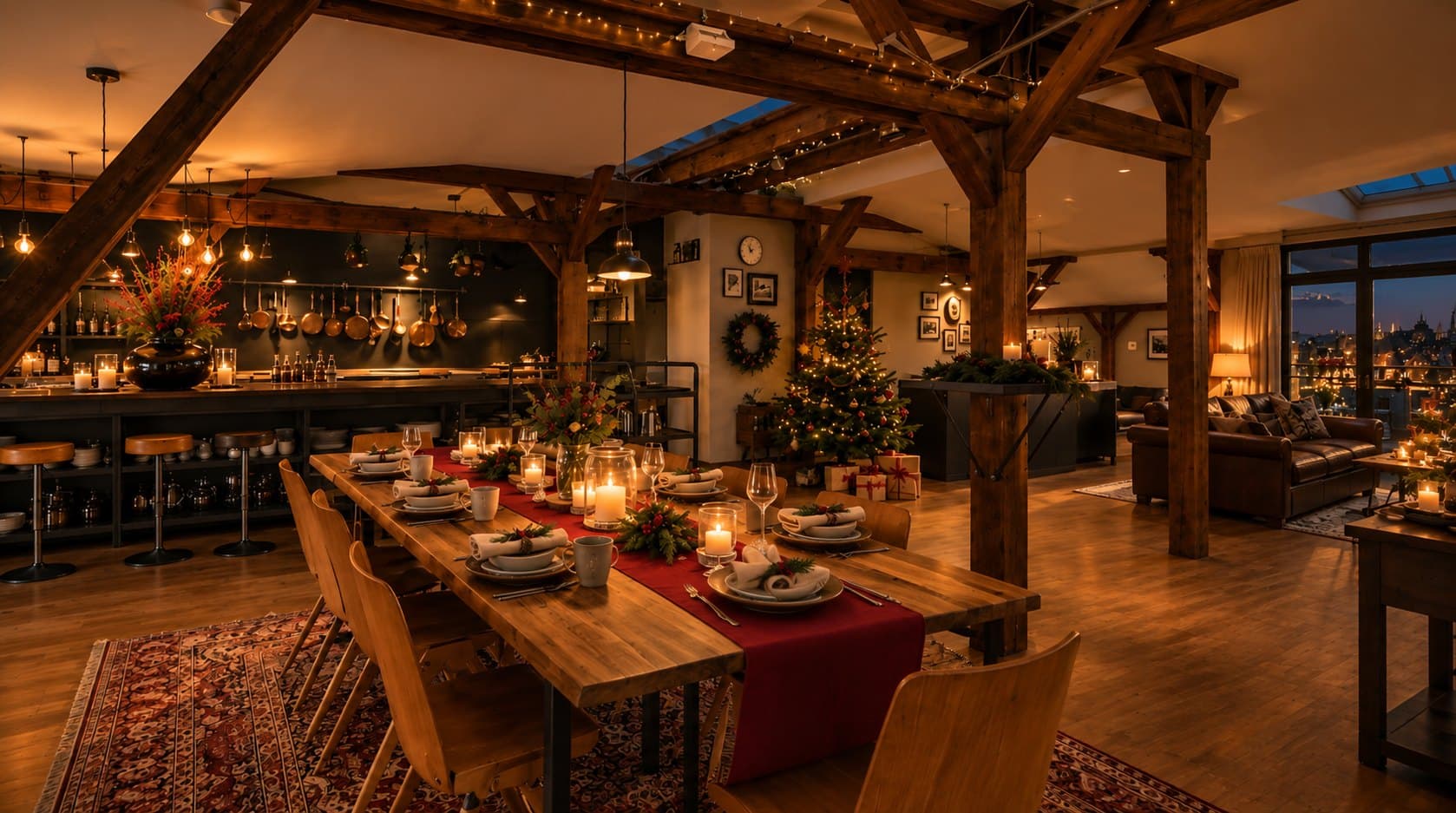 Weihnachtlich geschmückter Loft mit Christbaum, festlich gedeckter Tafel und Lichterketten