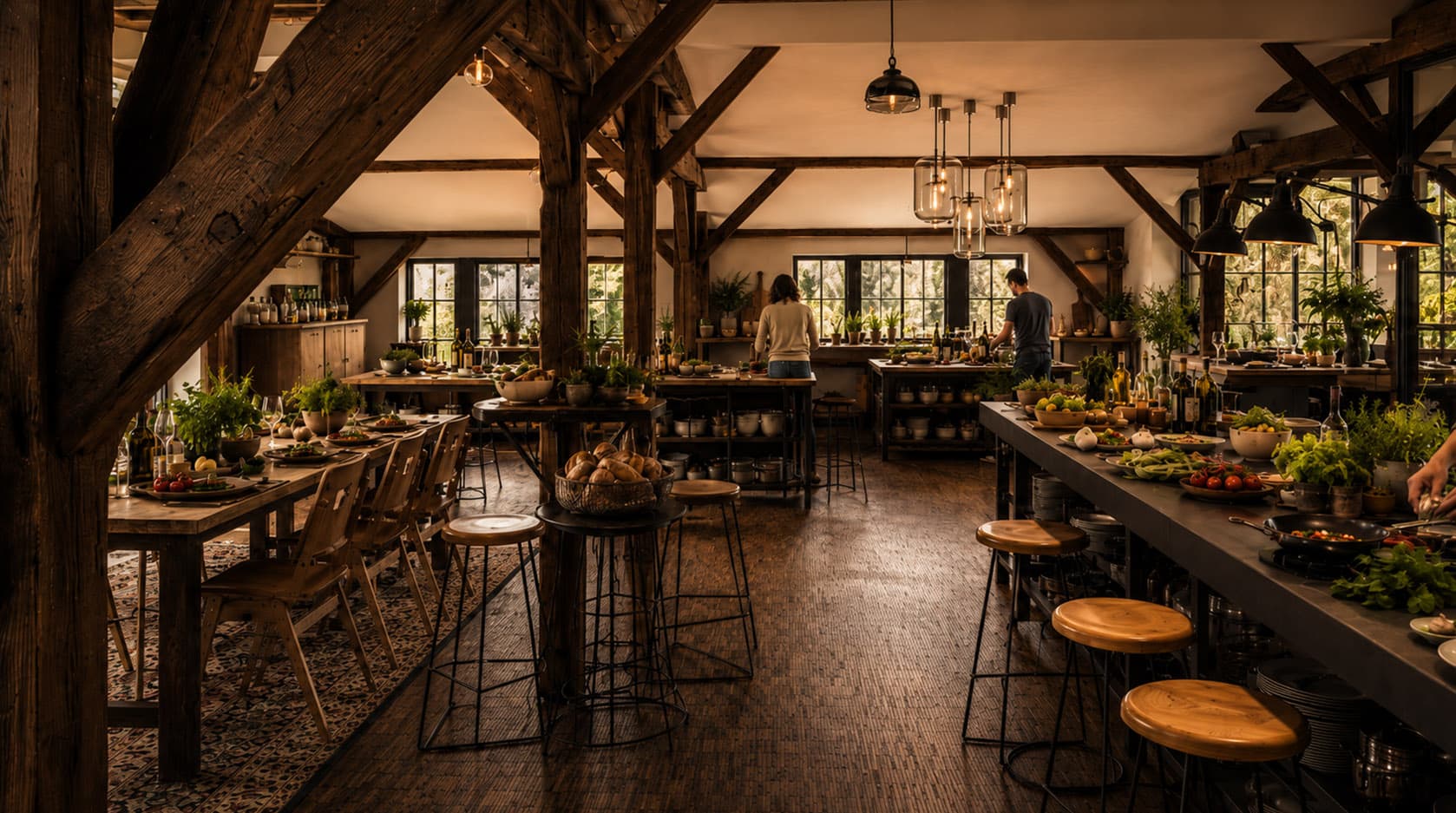 Cooking school with cooking stations, fresh ingredients and long tables in the loft