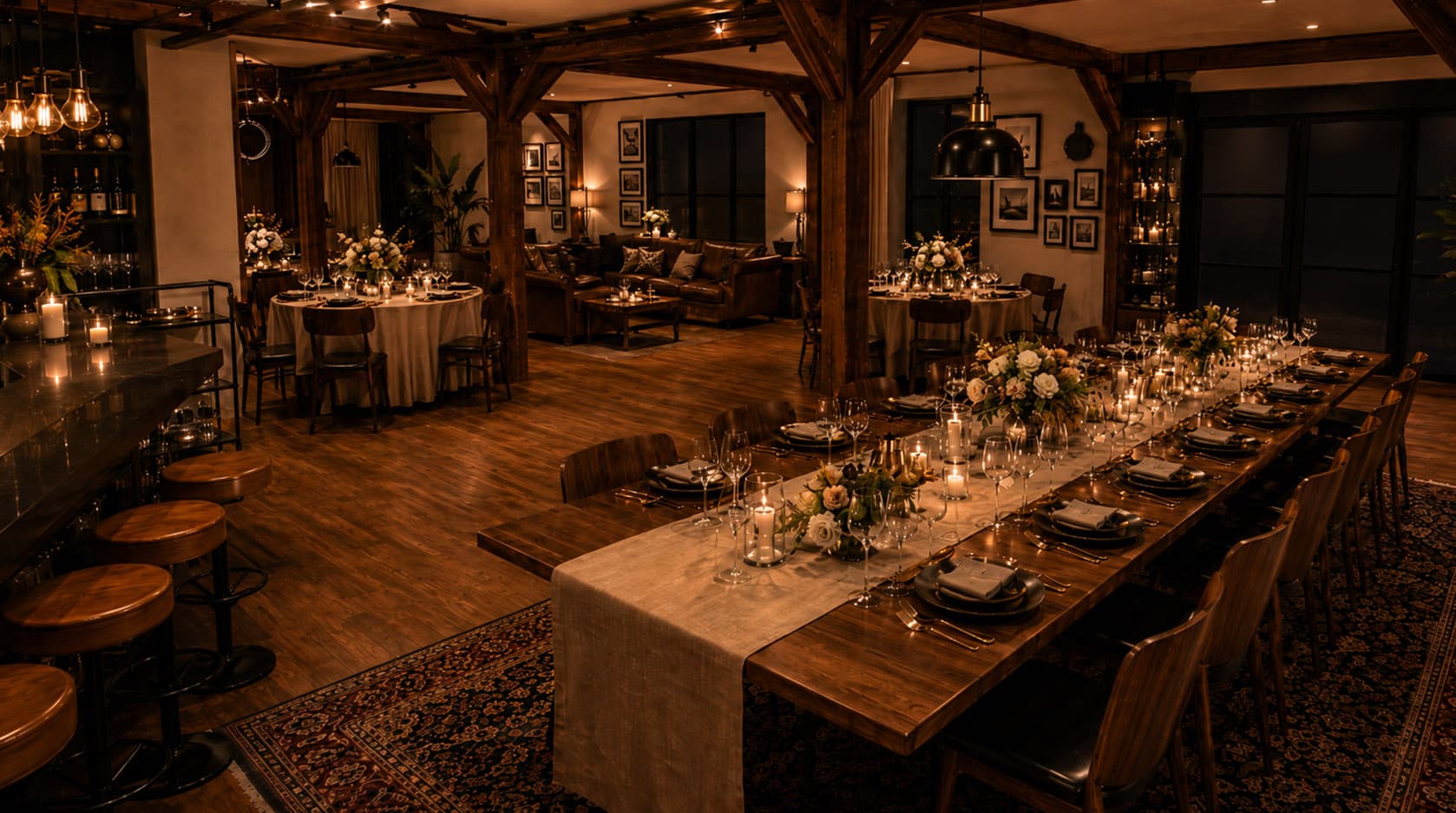 Festively laid gala table with candles, flowers and elegant seating