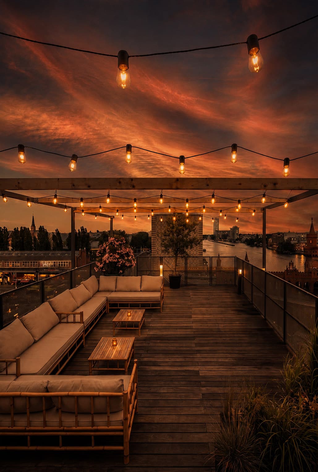 Rooftop terrace in evening light, portrait format