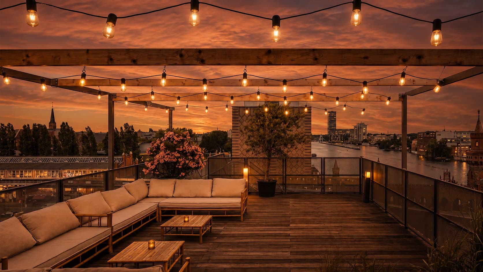 Rooftop terrace in warm evening light with fairy lights and a view across the Spree