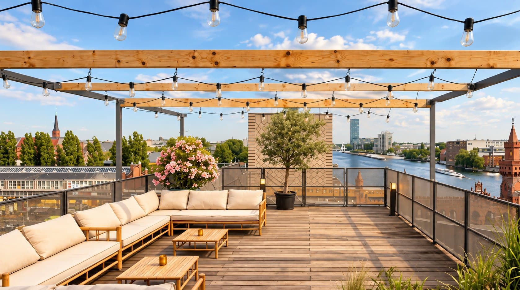 Rooftop-Terrasse im warmen Abendrot mit Lichterketten und Blick über die Spree