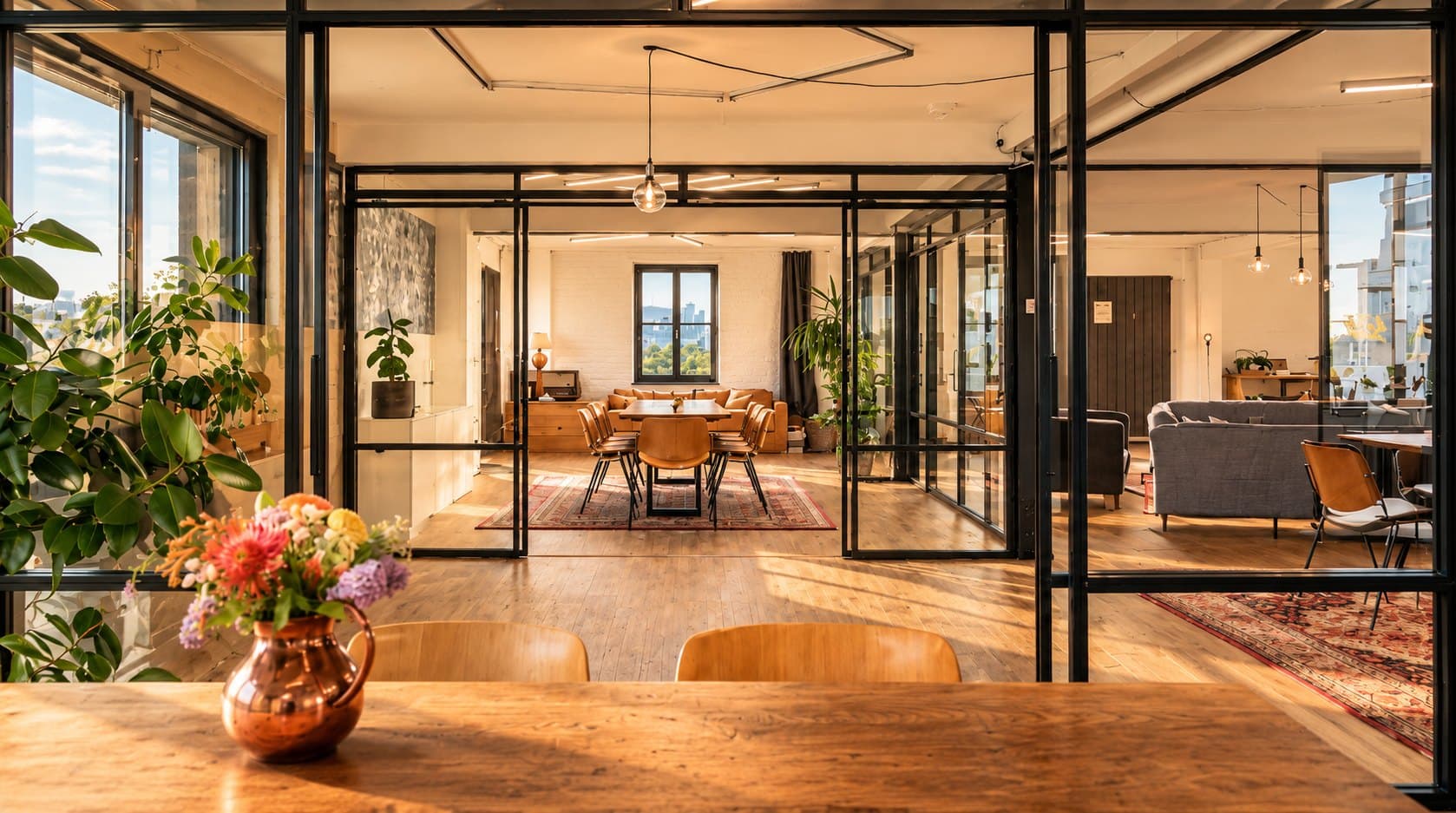Industrial-Loft mit Glas-Trennwänden, langer Tafel und warmem Licht