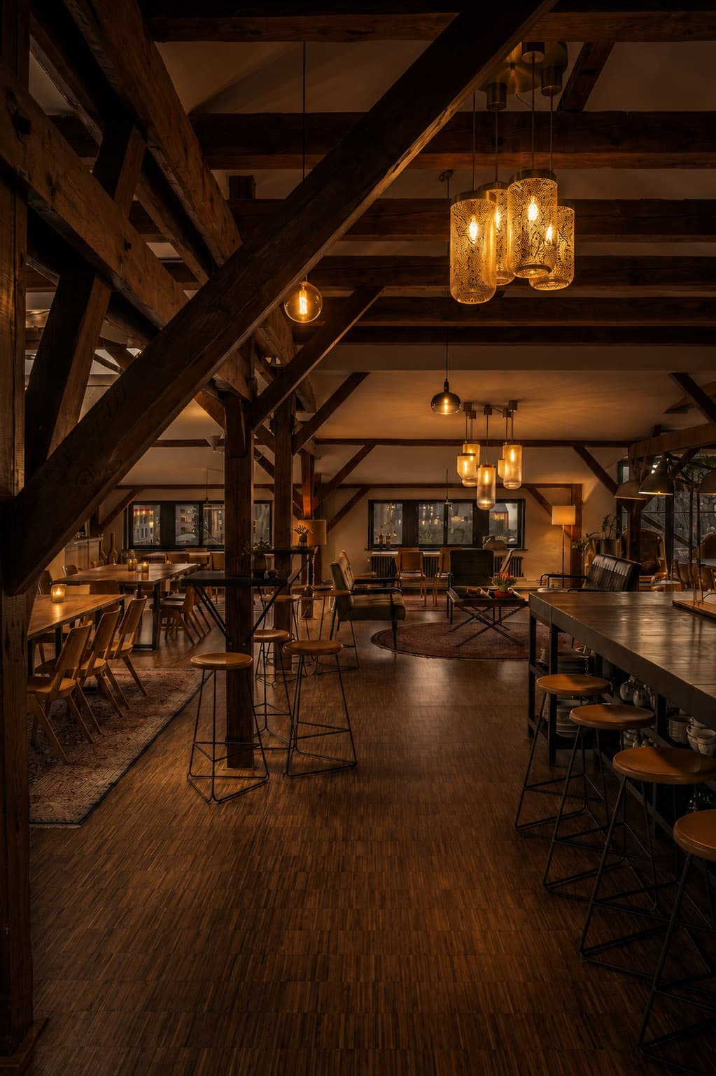 Interior with wooden beams, portrait format