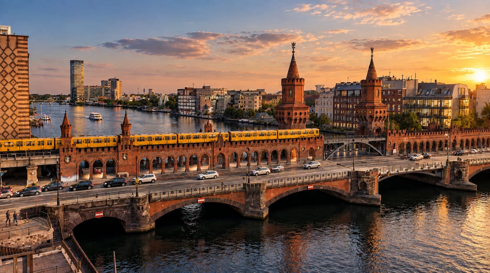 Die Oberbaumbrücke bei Nacht mit beleuchteter Skyline an der Spree
