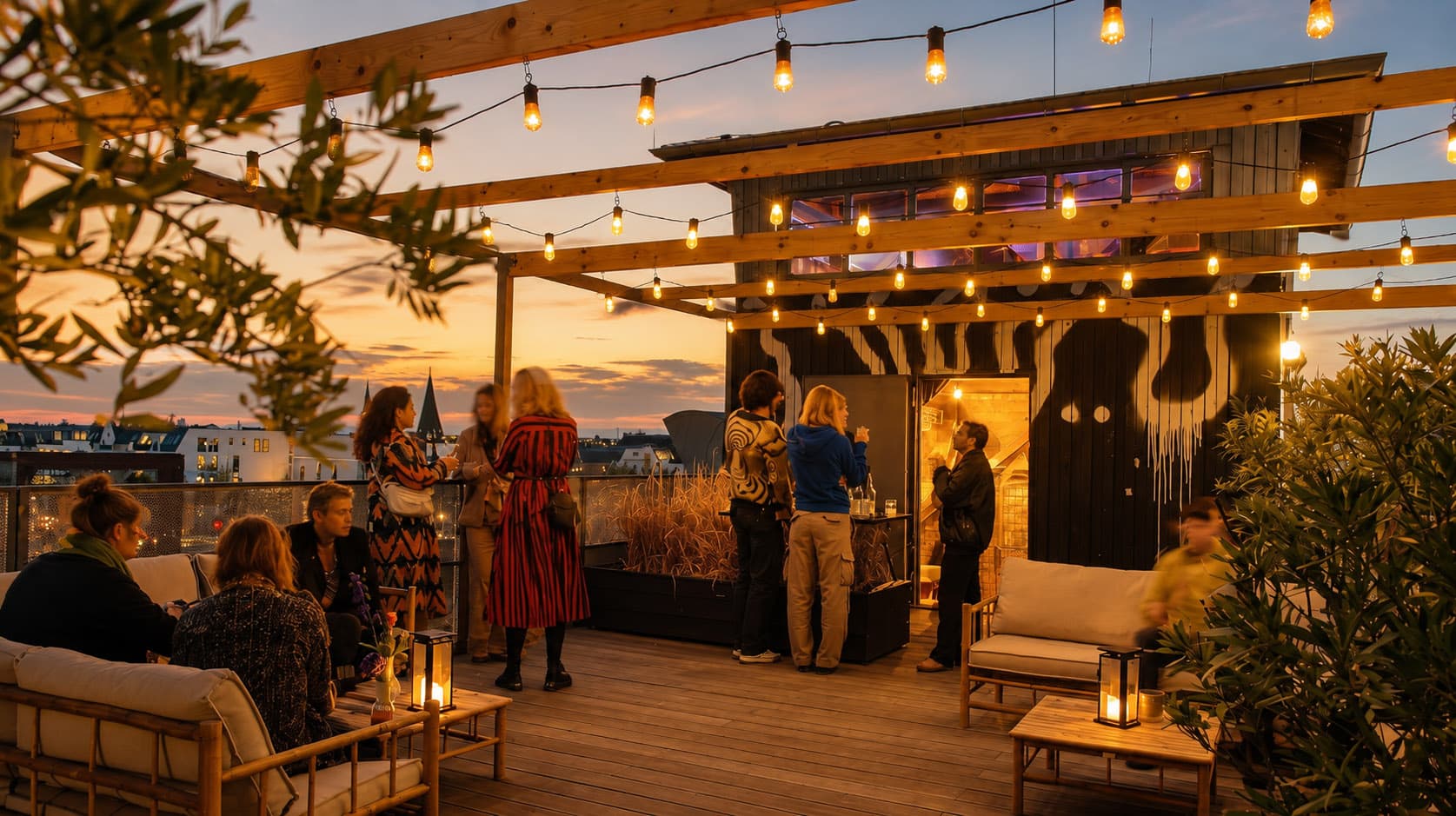 Guests celebrating on the rooftop terrace in the glow of fairy lights