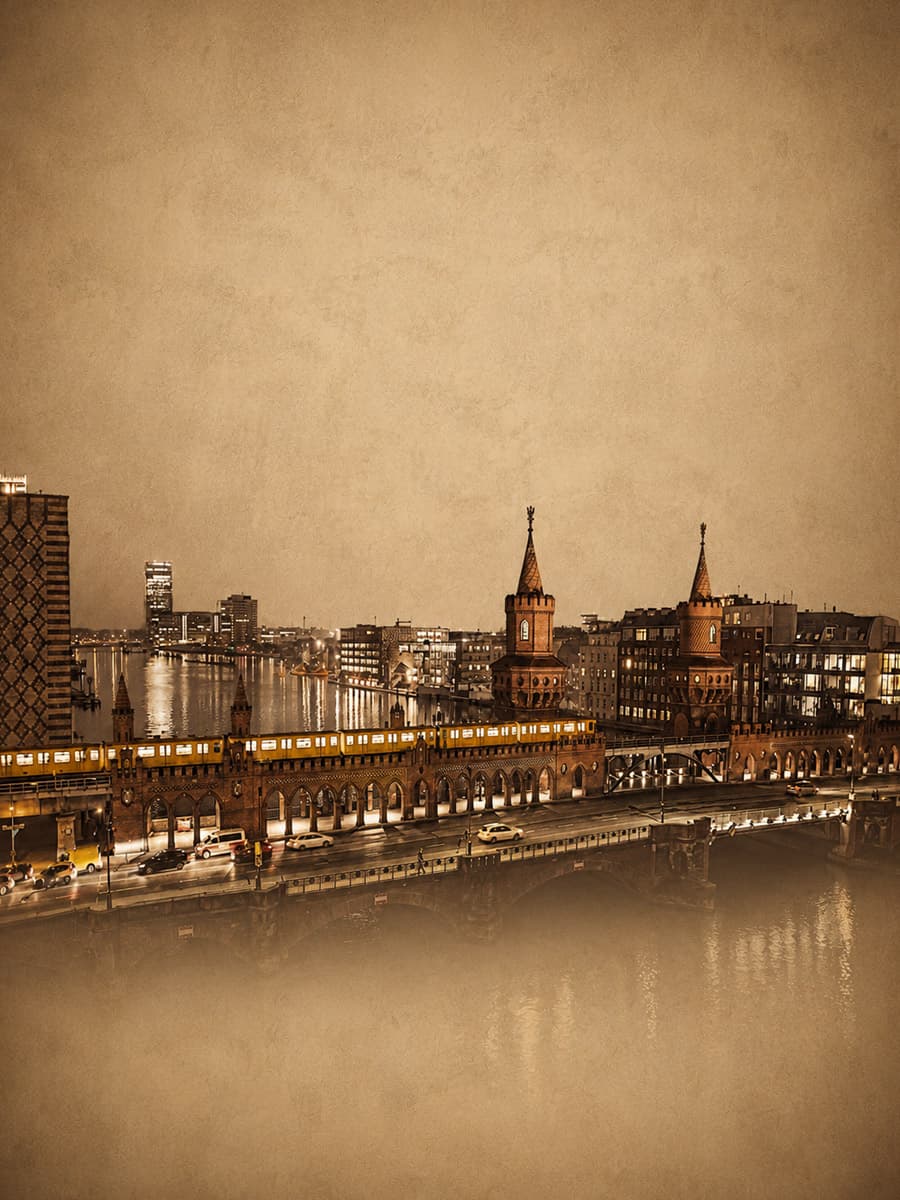 Berlin Roof Club at night, looking across the Spree to the Oberbaumbrücke